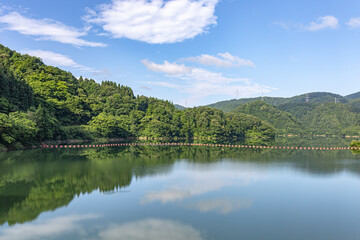 Fototapeta na wymiar 青空の中ダムの水面に映る森林
