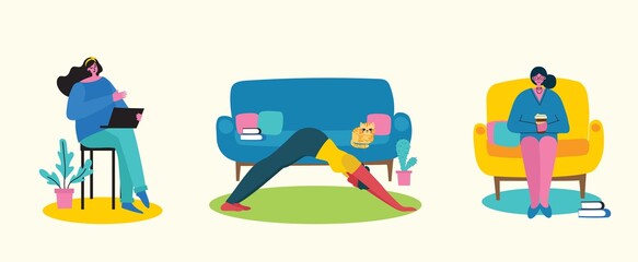 Women activities backgrounds. Women working, doing yoga, drinking coffee at home concept in the flat style