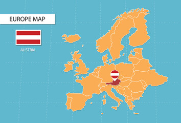 Austria map in Europe, icons showing Austria location and flags.	