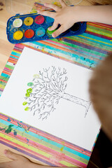 Tree of toe prints. Drawing for children, little artists. Finger paints, free time for toddler. 
