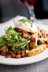 Salad. Frisee lettuce dress with olive oil and balsamic vinegar and topped with bacon lardons a fried egg and garnished with italian parsely and a toasted baguette. Served in a French Bistro.
