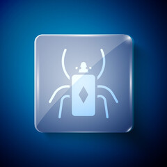 White Beetle bug icon isolated on blue background. Square glass panels. Vector.