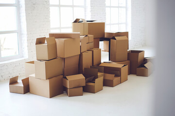Carton boxes full of office goods stacked in new white loft interior, relocation in new flat. Delivery or packaging service. Cardboards with mock up copy space for brand company information or logo