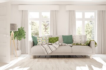 White stylish minimalist room with sofa. Scandinavian interior design. 3D illustration