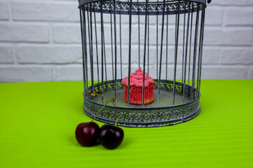 A pink cupcake with pink cream inside the cage and a cherry nearby.