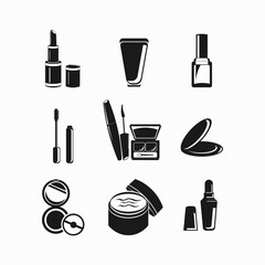 cosmetics icon set with powder, skin cream, nail polish, tube of cream, eye shadow, lipstick