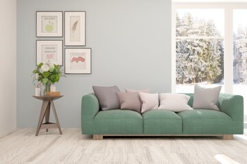 White stylish minimalist room with sofa and winter landscape in window. Scandinavian interior design. 3D illustration