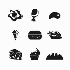 Food icon set. meat, hamburger, fried egg, cheese, ice-cream, fried chicken, cupcake