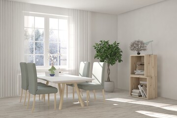 White dinner room with winter landscape in window. Scandinavian interior design. 3D illustration