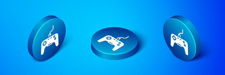 Isometric Gamepad icon isolated on blue background. Game controller. Blue circle button. Vector.