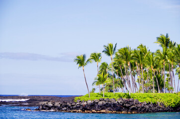 Panoramic view of city of Kailua Kona on Big Island on Hawaii with shore or coast line, palm trees...