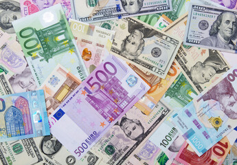  dollar, euro and hryvnia banknotes