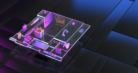 3d rendering of gold shopping cart with gift box.