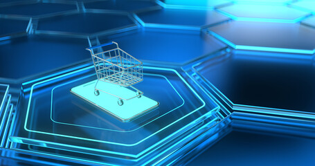 3d rendering of smartphone and shopping cart.
