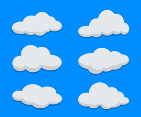 Set of flat cartoon clouds on blue background. Cloud templates for design. Fluffy vector clouds collection. Abstract cloud elements for business. Collection of clouds in trendy flat style. EPS 10
