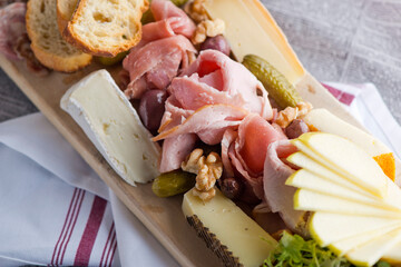 Charcuterie platter. Assortment on cured and salted deli meats and cheeses, pastrami, salami, prosciutto served with olives and dried fruits. Classic traditional party favorite.  