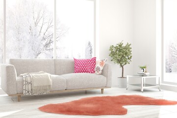 White stylish minimalist room with sofa and winter landscape in window. Scandinavian interior design. 3D illustration