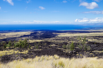 Panoramic view over lava fields and coast line in Volcanoes National Park on Big Island in Hawaii...