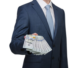 Businessman hand with money isolated on white
