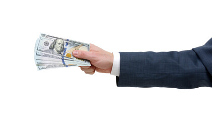Man hand holding a dollar banknotes isolated on white