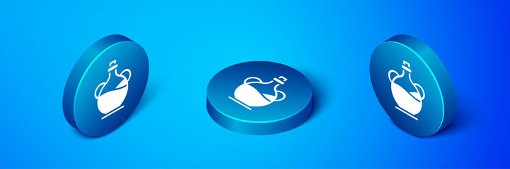 Isometric Bottle of olive oil icon isolated on blue background. Jug with olive oil icon. Blue circle button. Vector.