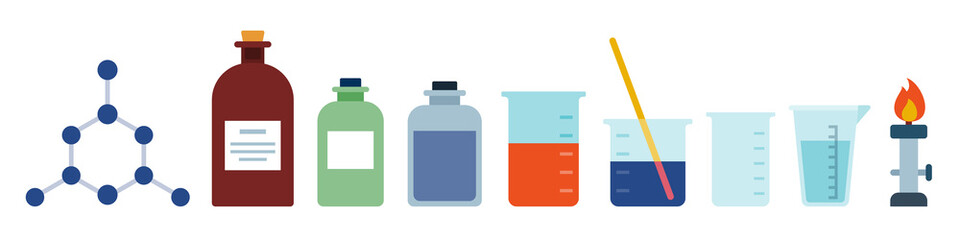Flask, spirit lamp, test tube, microscope, reagents, beaker, chemicals. Chemical, scientific, educational vector illustration vector icon flat isolated.