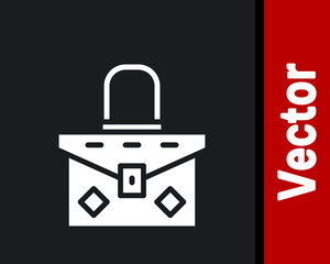 White Handbag icon isolated on black background. Female handbag sign. Glamour casual baggage symbol. Vector.