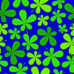 Seamless vector pattern of green leaves of a chestnut tree on a blue background. - 362934479