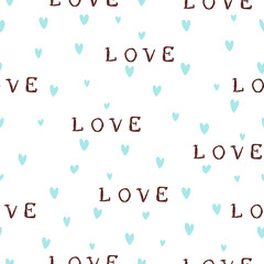 Seamless background with Blue Hearts and Text Love