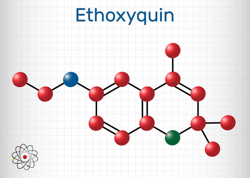 Ethoxyquin, EMQ,  antioxidant  E324 molecule. It is a quinoline used as a food preservative. Sheet of paper in a cage