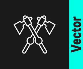 White line Crossed medieval axes icon isolated on black background. Battle axe, executioner axe. Medieval weapon. Vector.