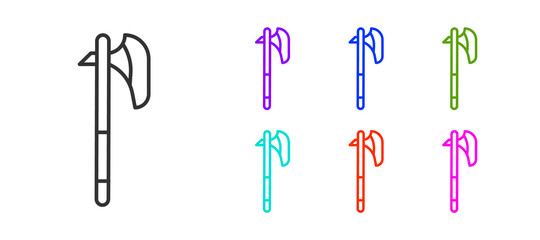 Black line Medieval axe icon isolated on white background. Battle axe, executioner axe. Medieval weapon. Set icons colorful. Vector.