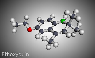 Ethoxyquin, EMQ,  antioxidant  E324 molecule. It is a quinoline used as a food preservative. Molecular model. 3D rendering