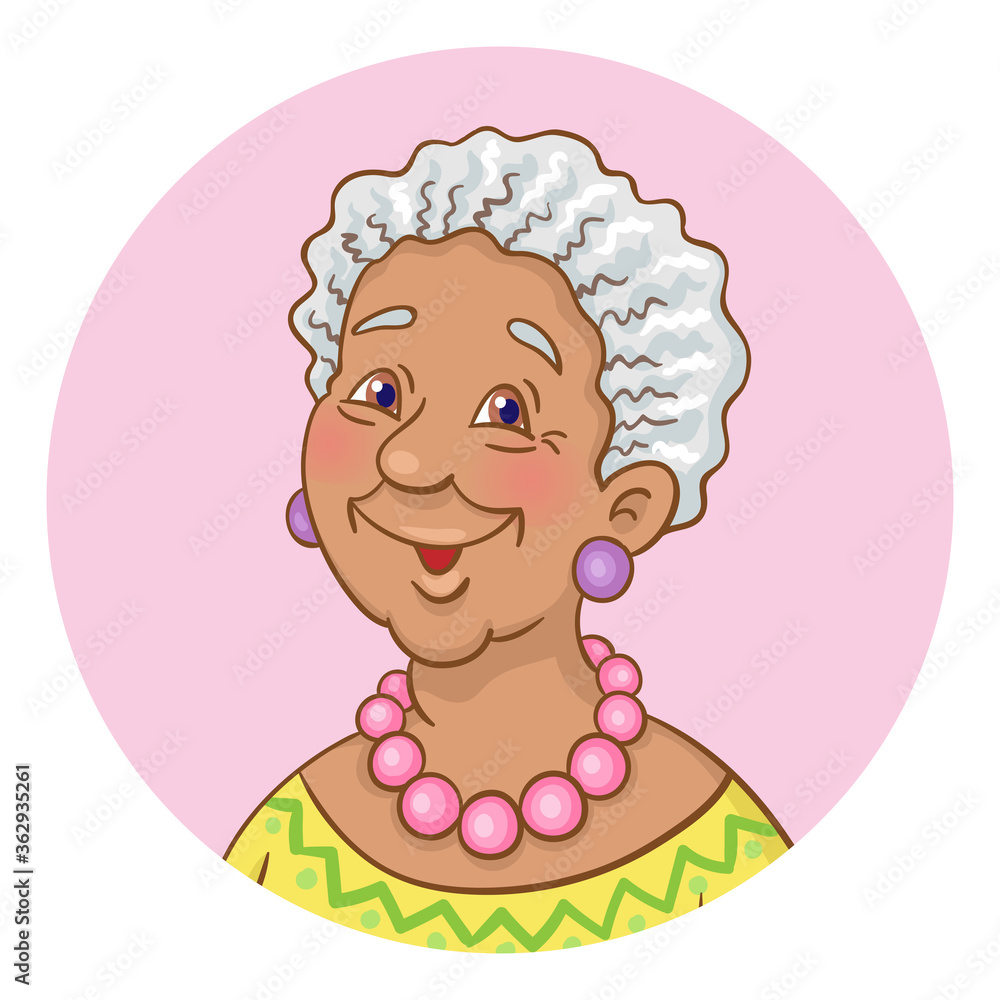 Poster Portrait of a cute afro american elderly woman - avatar icon in the circle. Isolated on white background. In cartoon style. Vector illustration