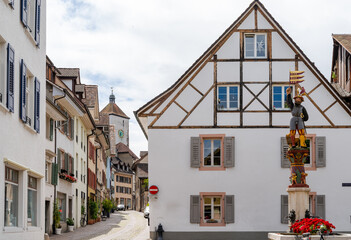 view of the historic old town of Rheinfelden near Basel with the fountain and Albrechtplatz Square
