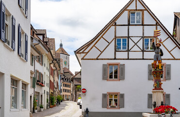 view of the historic old town of Rheinfelden near Basel with the fountain and Albrechtplatz Square