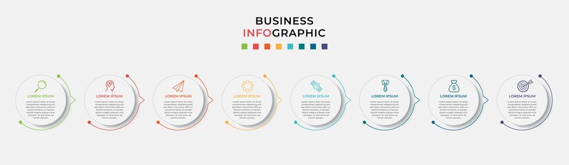 Business Infographic design template Vector with icons and 8 eight options or steps. Can be used for process diagram, presentations, workflow layout, banner, flow chart, info graph