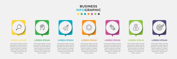 Fototapeta premium Business Infographic design template Vector with icons and 7 seven options or steps. Can be used for process diagram, presentations, workflow layout, banner, flow chart, info graph