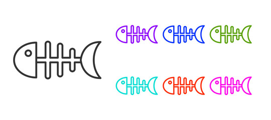 Obraz premium Black line Fish skeleton icon isolated on white background. Fish bone sign. Set icons colorful. Vector.