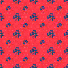 Blue line Veterinary clinic symbol icon isolated seamless pattern on red background. Cross hospital sign. A stylized paw print dog or cat. Pet First Aid sign. Vector.