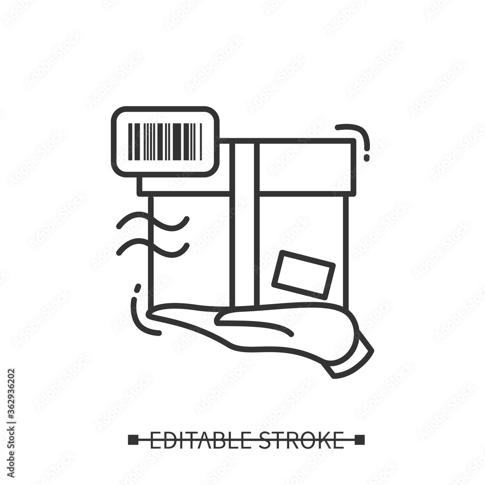 Poster parcel registration icon. box on palm, express delivery with tracking bar-code pictogram. fast conta