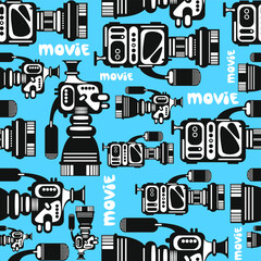 Seamless vector pattern of retro movie cameras on a blue background.   - 362936479