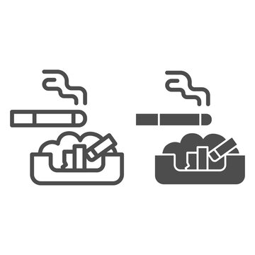 Cigarette in ashtray line and solid icon, Smoking concept, ash tray sign on white background, smoky cigarette and butts lying in ashtray icon in outline style for mobile, web design. Vector graphics.