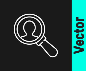 White line Magnifying glass for search a people icon isolated on black background. Recruitment or selection concept. Search for employees and job. Vector.
