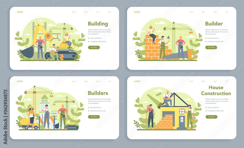 Poster house building web banner or landing page set. workers constructing