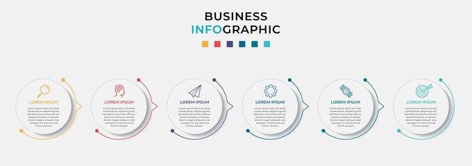 Business Infographic design template Vector with icons and 6 six options or steps. Can be used for process diagram, presentations, workflow layout, banner, flow chart, info graph