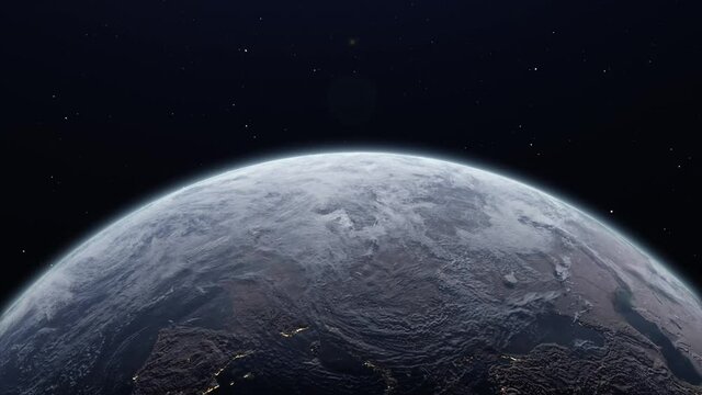Amazing beautiful sunset from space on our planet earth with reflecting oceans, atmosphere, clouds, stars and lights in the night. Reverse video for sunrise. High quality realistic 3D Globe 4K 50fps.