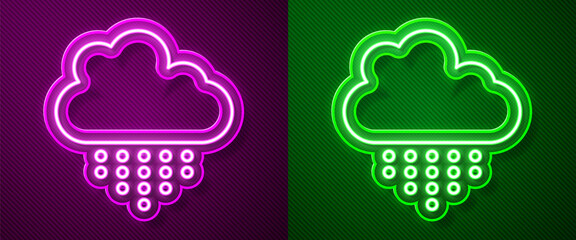 Glowing neon line Cloud with rain icon isolated on purple and green background. Rain cloud precipitation with rain drops. Vector.