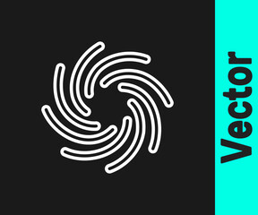 White line Tornado icon isolated on black background. Cyclone, whirlwind, storm funnel, hurricane wind or twister weather icon. Vector.