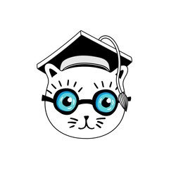 Cat student with glasses in a graduate's shack.